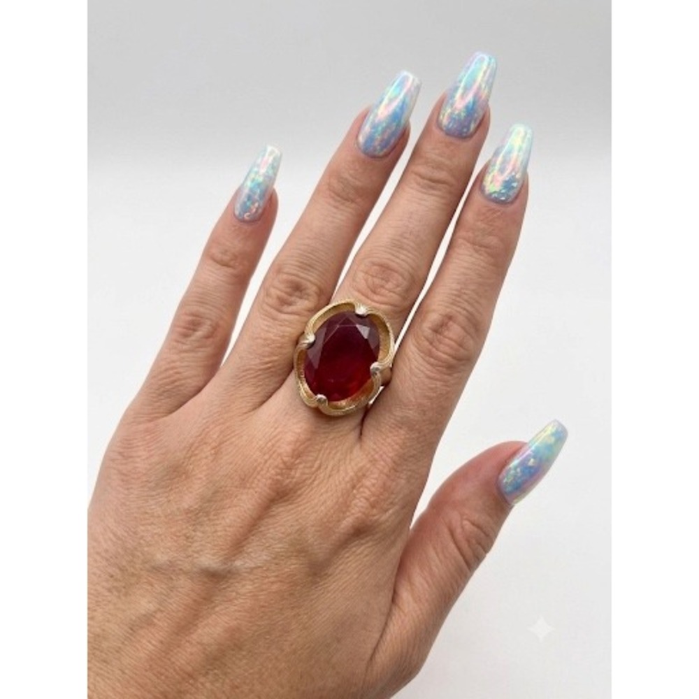 Vintage Red Glass Cocktail Ring Gold Tone Textured Adjustable Statement Ring